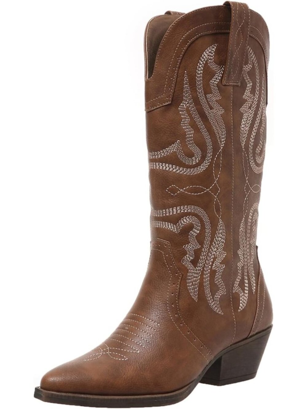 Women’s Brown Cowboy Boots Mid Calf Embroidered Pointed Toe Block Heel
